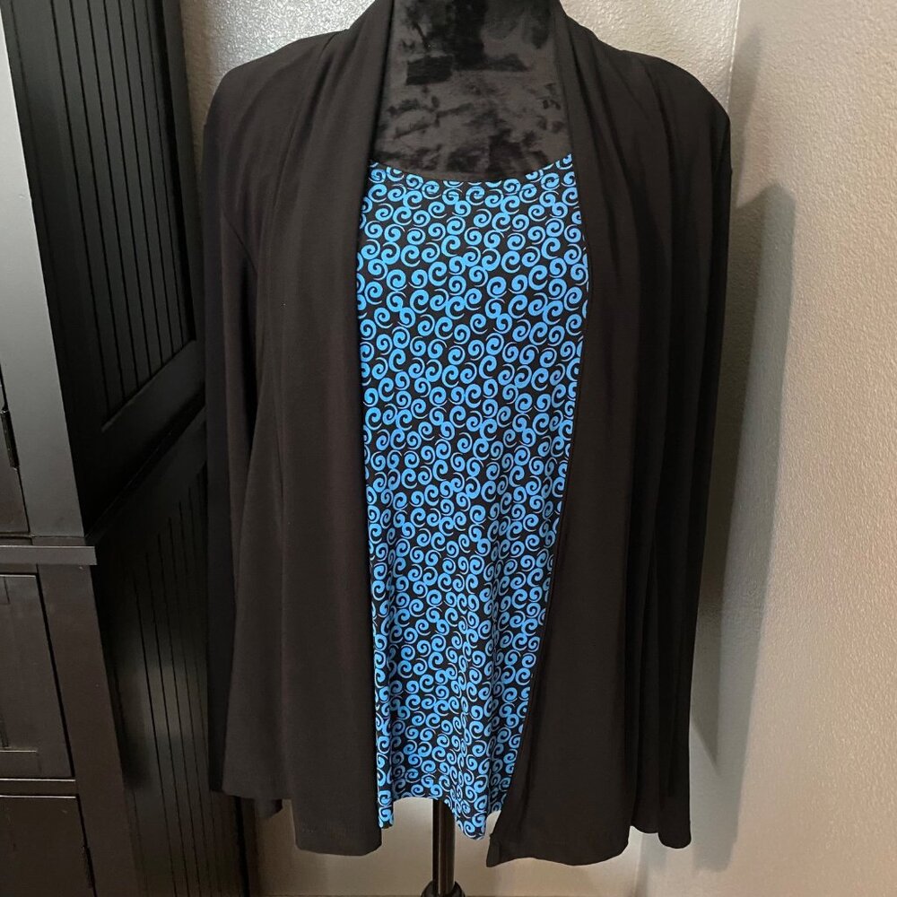 Sag Harbor Black Cardigan with Blue Swirl Tank